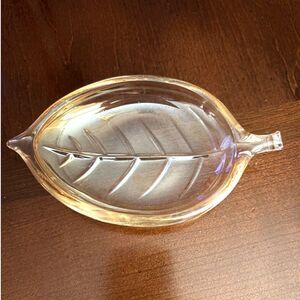 VTG Leaf Shaped Dish Amber Rim Pressed Glass Candy Dish Trinket Bowl Mid Century